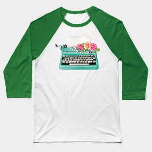 AQUA TEAL TURQUOISE VINTAGE TYPEWRITER WITH VIBRANT FLOWERS Baseball T-Shirt